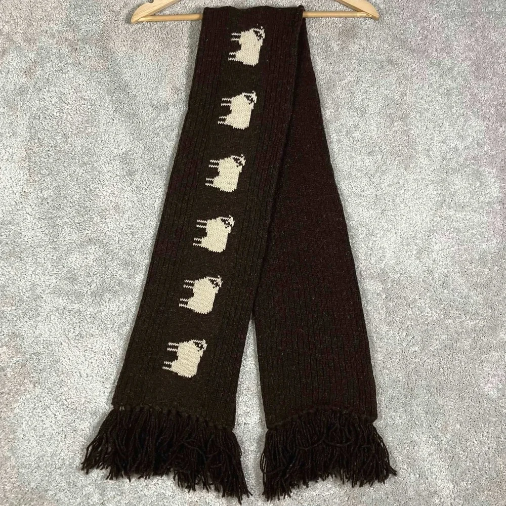 Vintage 90s Knit Scarf Brown Sheep Pattern Ribbed Fringe Farm Cottage Academia
